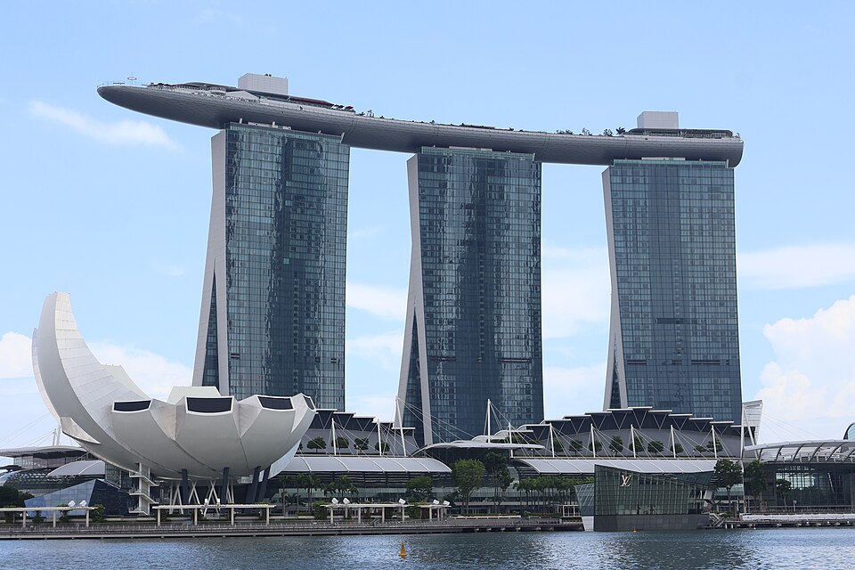 The three towers of Marina Bay Sands above the waterfront in Singapore.